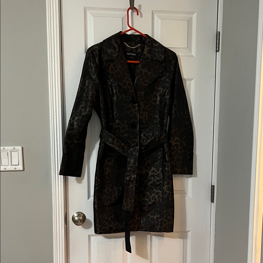 Ellen Tracy Petite Black Leopard Trench Coat